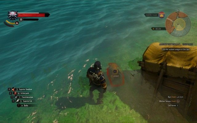 Find the sunken wagon in the lake.