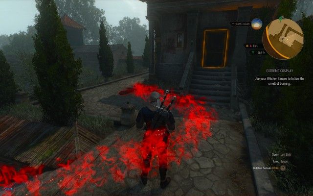 Use your Witcher Senses to follow the smell of burning.