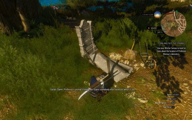Use your Witcher Senses to look for clues about the location of Professor Moreau's laboratory.