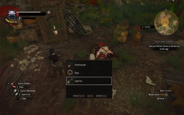 Use your Witcher Senses to find the key to the cage.